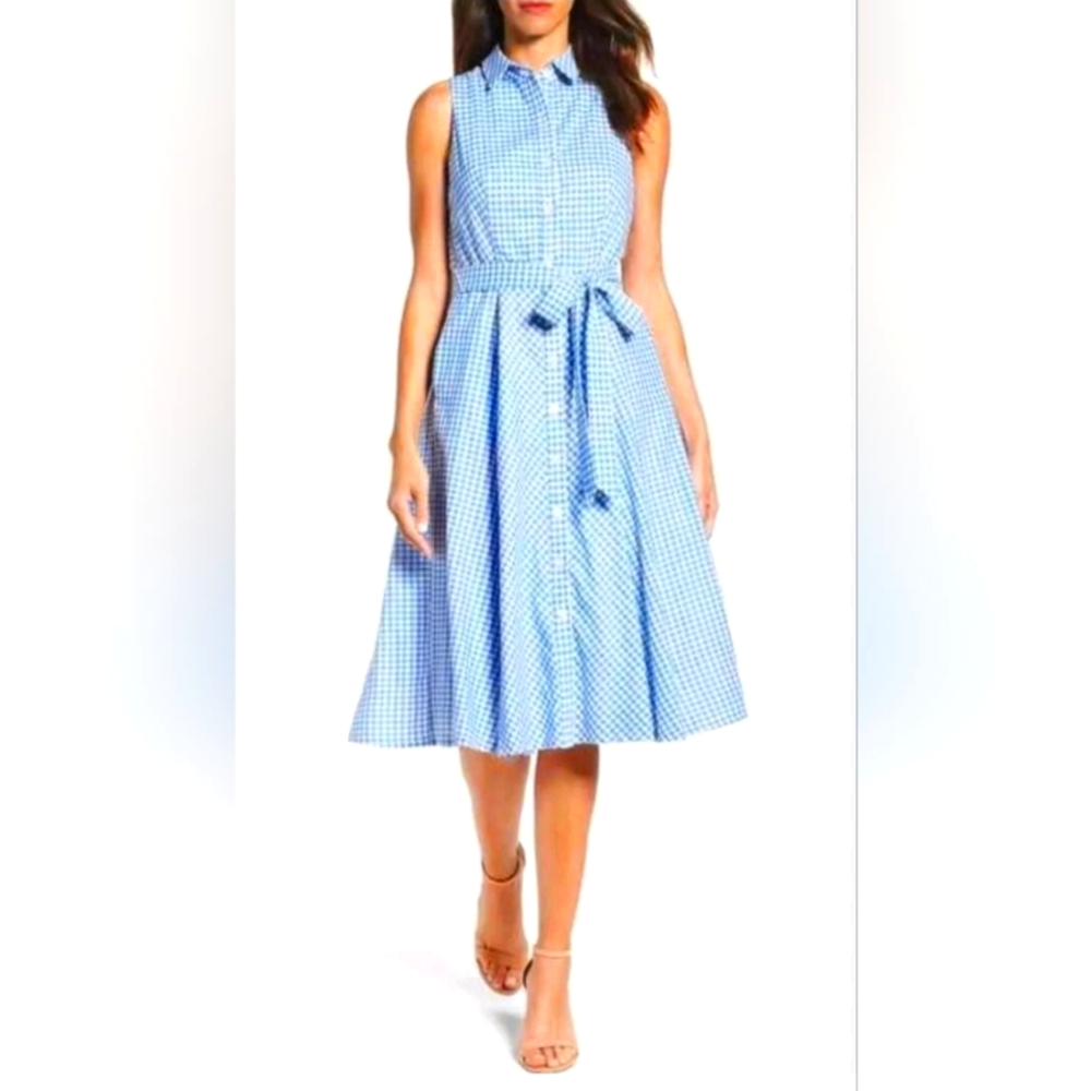 Chetta B Gingham Blue &White Midi Collared Button Up Shirt Dress Preppy